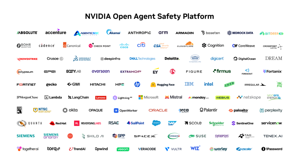 Grid of company logos under the title "NVIDIA Open Agent Safety Platform," including Anthropic, Microsoft, Hugging Face, Cisco, and Oracle